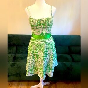 Green white print cotton sun dress with ribbon bow tie back